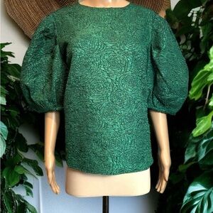 Tuckernuck Hyacinth House Green Jacquard Noelle Blouse Puff Sleeves Floral